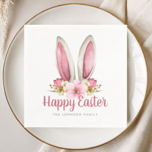 Cute Pink Floral Bunny Ears Happy Easter Napkins