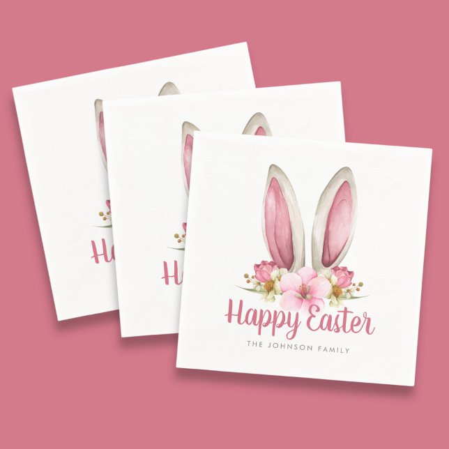 Cute Pink Floral Bunny Ears Happy Easter Napkins (Cute Pink Floral Bunny Ears Happy Easter Napkins)