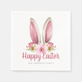 Cute Pink Floral Bunny Ears Happy Easter