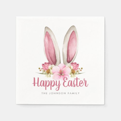 Cute Pink Floral Bunny Ears Happy Easter Napkins