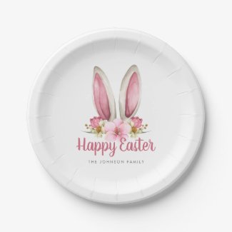 Cute Pink Floral Bunny Ears Happy Easter
