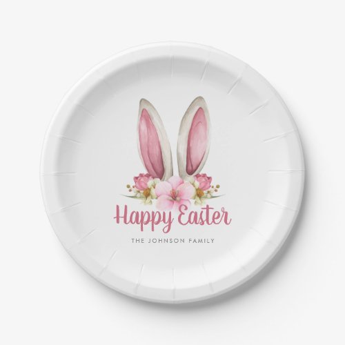 Cute Pink Floral Bunny Ears Happy Easter Paper Plates