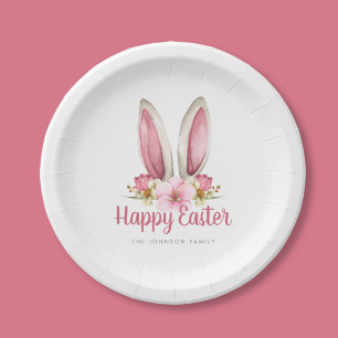 Cute Pink Floral Bunny Ears Happy Easter Paper Plates
