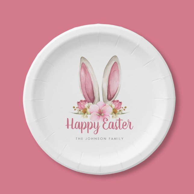 Cute Pink Floral Bunny Ears Happy Easter Paper Plates (Cute Pink Floral Bunny Ears Happy Easter Paper Plates)
