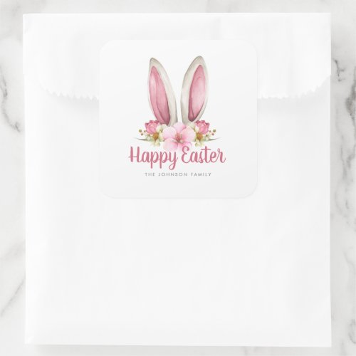 Cute Pink Floral Bunny Ears Happy Easter Square Sticker