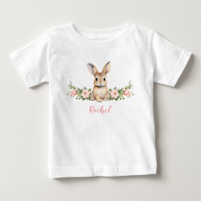 Cute Pink Floral Bunny Girl 1st Birthday  Baby T-Shirt (Front)