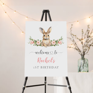 Cute Pink Floral Bunny Girl 1st Birthday Welcome Foam Board