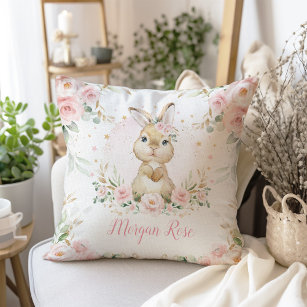 Cute Pink Floral Bunny Rabbit Baby Girl Nursery Throw Pillow