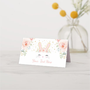Cute Pink Floral Bunny Rabbit Baby Shower Birthday Place Card