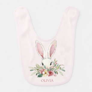 Cute Pink Floral Bunny Watercolor Animal Rabbit Baby Bib
