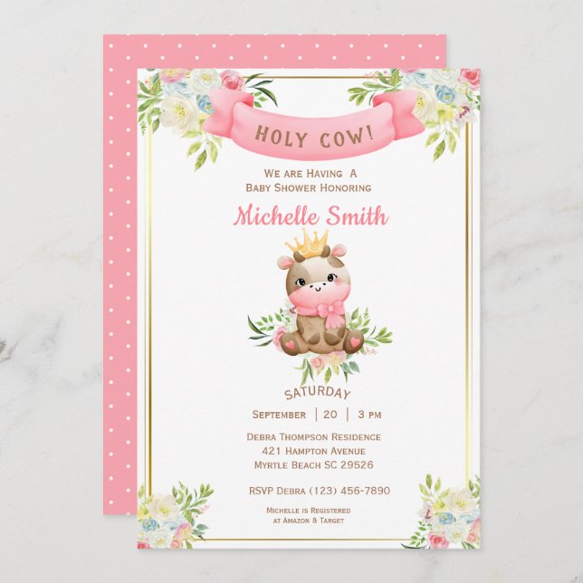 Cute Pink Floral Cow Baby Shower   Invitation (Front/Back)