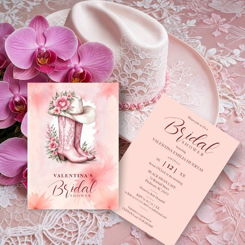 Cute Pink Floral Cowgirl Hat  Boots Bridal Shower Invitation