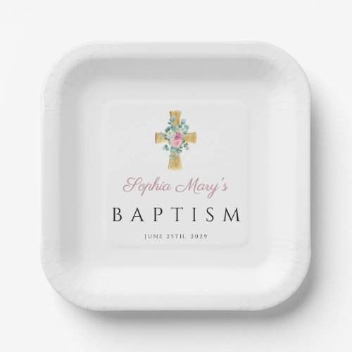 Cute Pink Floral Cross Baptism Paper Plates