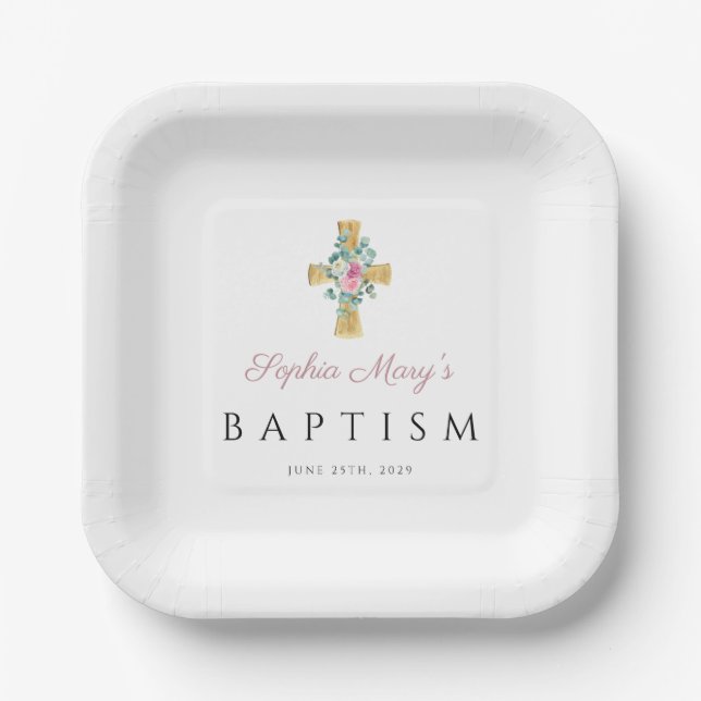 Cute Pink Floral Cross Baptism Paper Plates (Front)