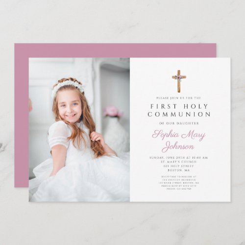 Cute Pink Floral Cross Photo Girl First Communion Invitation