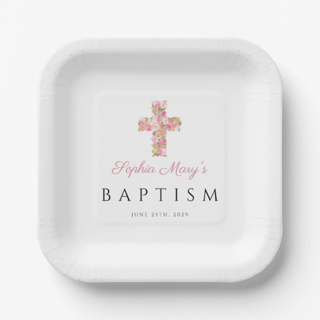 Cute Pink Floral Cross Religious Baptism Paper Plates (Front)