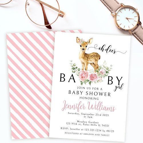 Cute pink floral deer baby girl shower Invitation