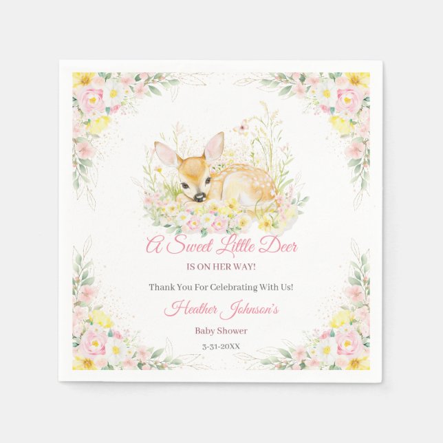 Cute Pink Floral Deer Baby Shower Napkins (Front)