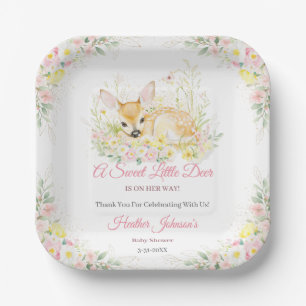 Cute Pink Floral Deer Baby Shower Paper Plates