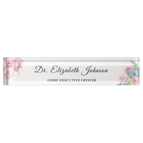 cute pink floral Dr PhD graduate any title CEO Desk Name Plate