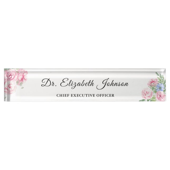 cute pink floral Dr PhD graduate any title CEO Desk Name Plate (Front)
