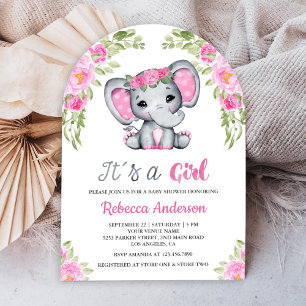Cute Pink Floral Elephant Arch Baby Shower Invitation