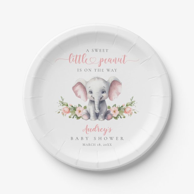 Cute Pink Floral Elephant Baby Girl Shower Paper Plates (Front)