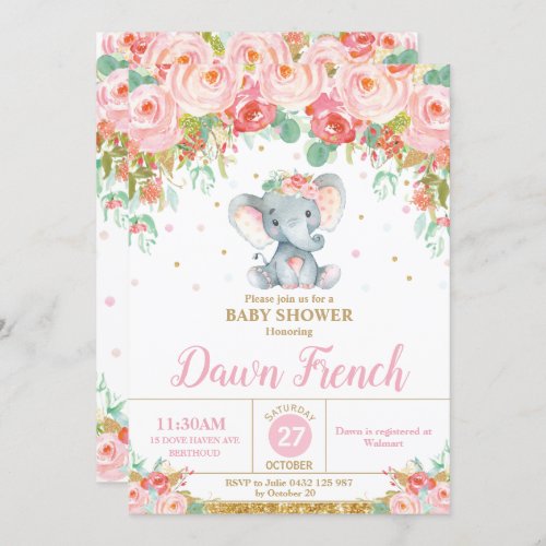 Cute Pink Floral Elephant Baby Shower Baby Girl Invitation