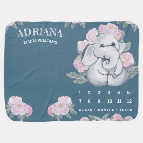 Cute Pink Floral Elephant Dusty Blue Milestone Baby Blanket