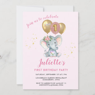 Cute Pink Floral Elephant First Birthday Girl Invitation