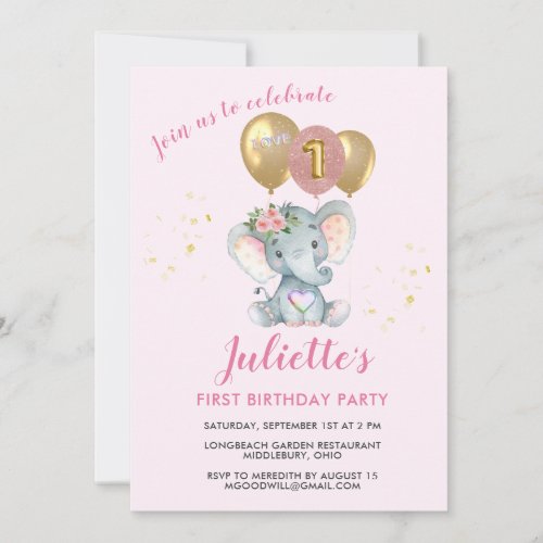 Cute Pink Floral Elephant First Birthday Girl Invitation