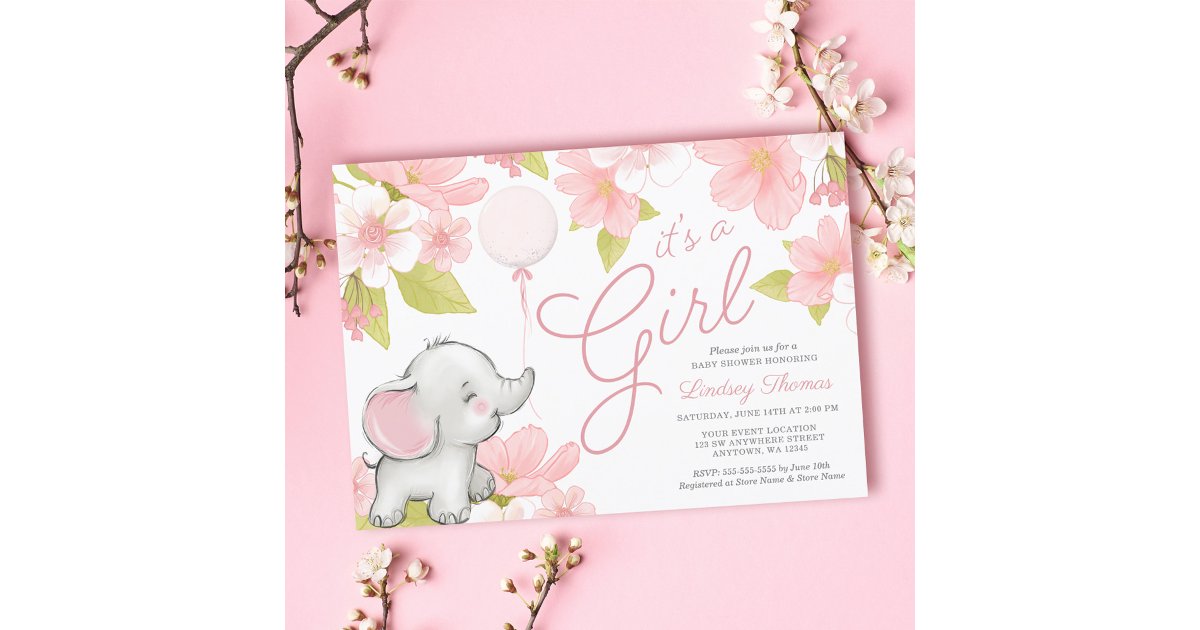 Cute Pink Floral Elephant Girl Baby Shower Invitation | Zazzle