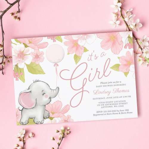 Cute Pink Floral Elephant Girl Baby Shower Invitation