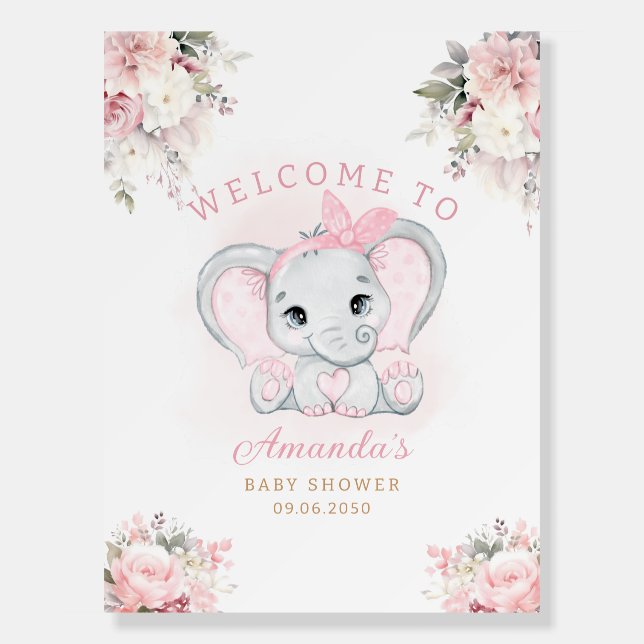 Cute Pink floral elephant girl baby shower welcome Foam Board (Front)