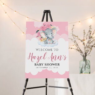 Cute Pink Floral Elephant Girl Baby Shower Welcome Foam Board