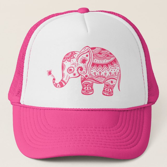 Cute Pink Floral Elephant Trucker Hat (Front)