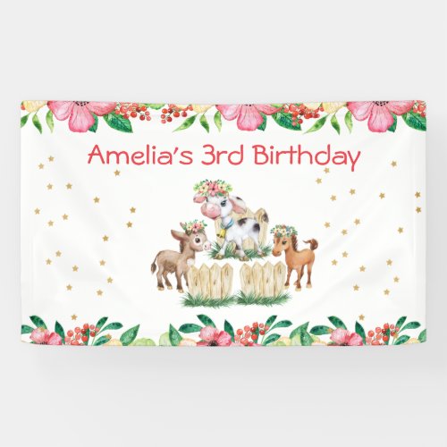 Cute Pink Floral Farm Animals Birthday Party Banner