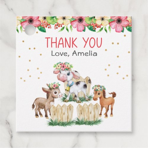 Cute Pink Floral Farm Animals Thank You Favor Tags