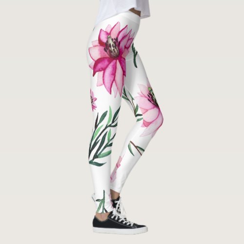 cute pink floral flowers and leaves spring pattern leggings