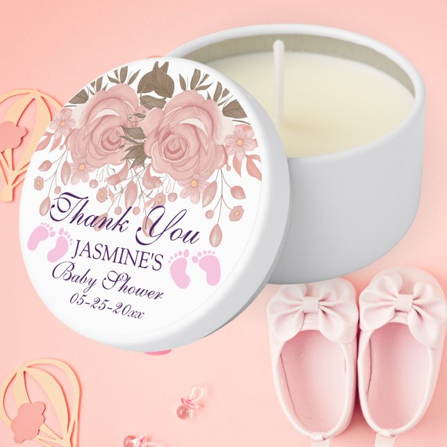 Cute Pink Floral Footprint Girl Baby Shower Favor Mini Candle Favors (Creator Uploaded)