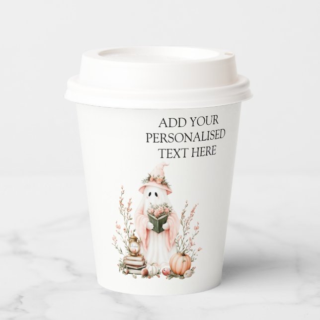 Cute Pink Floral Ghost with Pumpkin Halloween Paper Cups (Front)