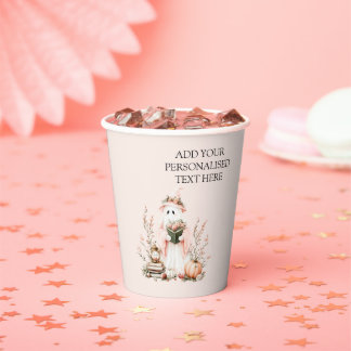Cute Pink Floral Ghost with Pumpkin Halloween Paper Cups