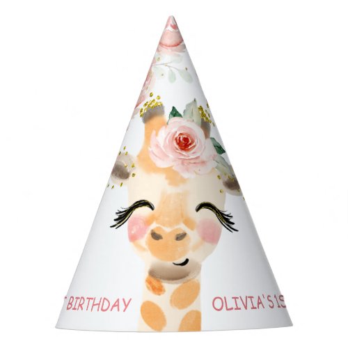 Cute Pink Floral Giraffe Animals 1st Birthday Cone Party Hat