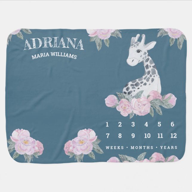 Cute Pink Floral Giraffe Dusty Blue Milestone Baby Blanket (Horizontal)