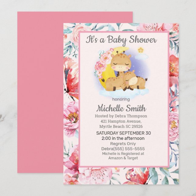 Cute Pink Floral Giraffe Mom Baby Shower   Invitation (Front/Back)