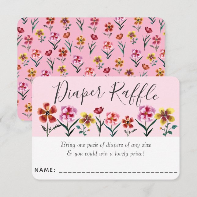 Cute Pink Floral Girl Baby Shower Diaper Raffle  Enclosure Card (Front/Back)