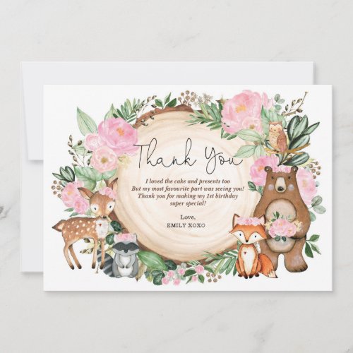 Cute Pink Floral Girl Woodland Birthday Thank You