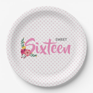 Cute Pink Floral Girl's Sweet Sixteen Birthday Paper Plates