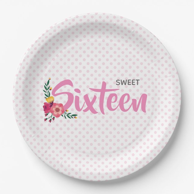 Cute Pink Floral Girl's Sweet Sixteen Birthday Paper Plates (Front)