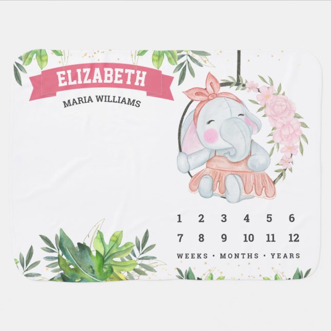 Cute Pink Floral Girly Elephant Swinging Milestone Baby Blanket (Horizontal)